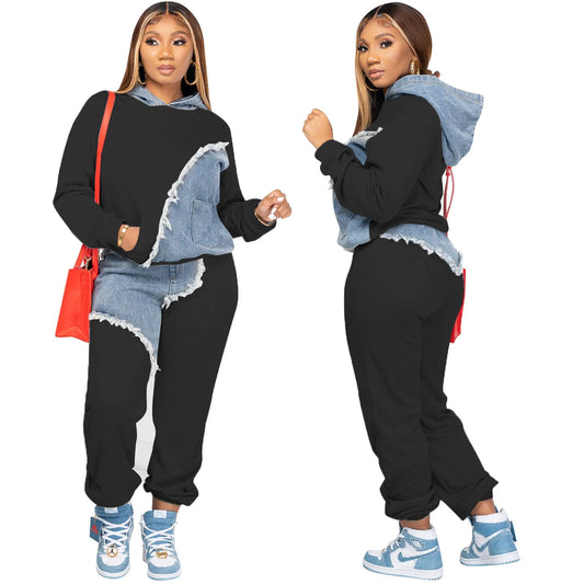 Autumn Workout Denim Patchwork Women Two 2 Piece Set Outfit Sweatsuit 2022 T-shirt and Jogger Pants Matching Set Tracksuit