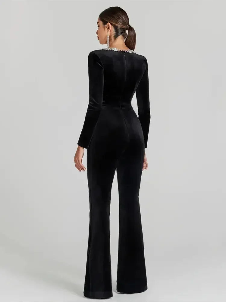 DEIVE TEGER  2024 New Women's Black Bandage jumpsuit Square Neck Diamond High Waist Wide Leg jumpsuit Elegant Party jumpsuit