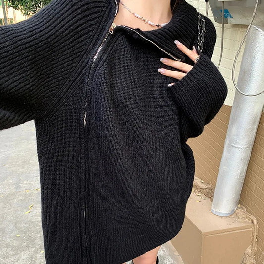 Women's Solid Color Knitted Zipper Split Sweater 2023 Autumn Winter New Sweater Top Women Long Sleeve Turtleneck Loose Pullover