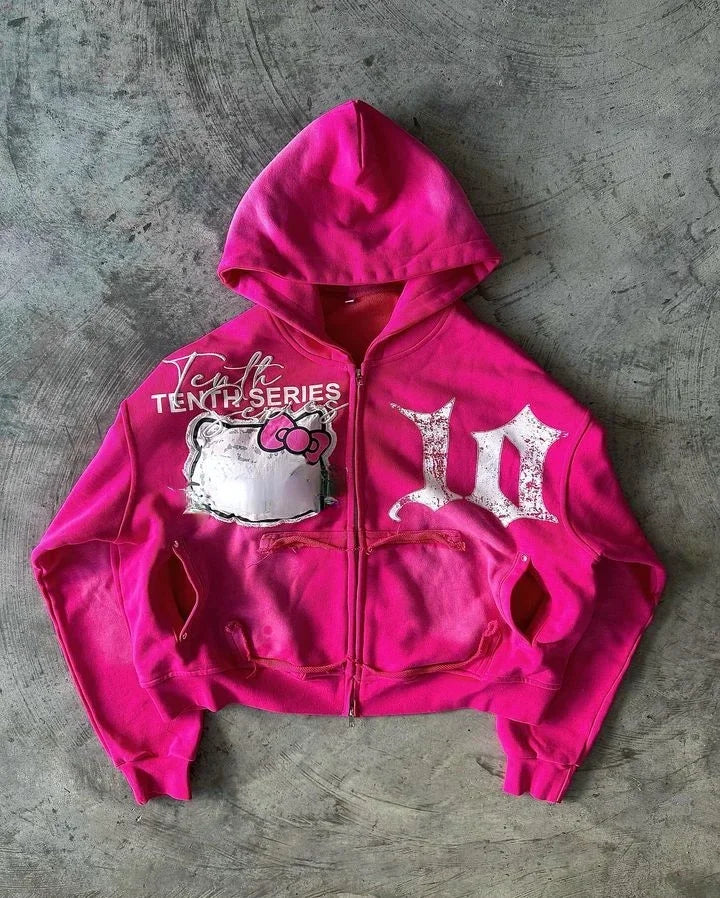 Zipper Hoodie Y2K Clothes Gothic Cartoon Embroidered Letters Pink Loose Hoodie Sweatshirt 2 Piece Sets Womens Outfits Streetwear