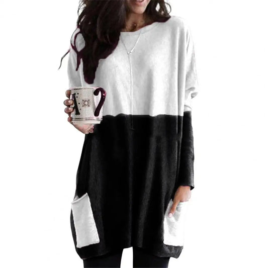 Loose Top Loose Fit Women Blouse Color Block Long Sleeve Pullover Tops with Pockets for Women Loose Fit Mid-length for Daily